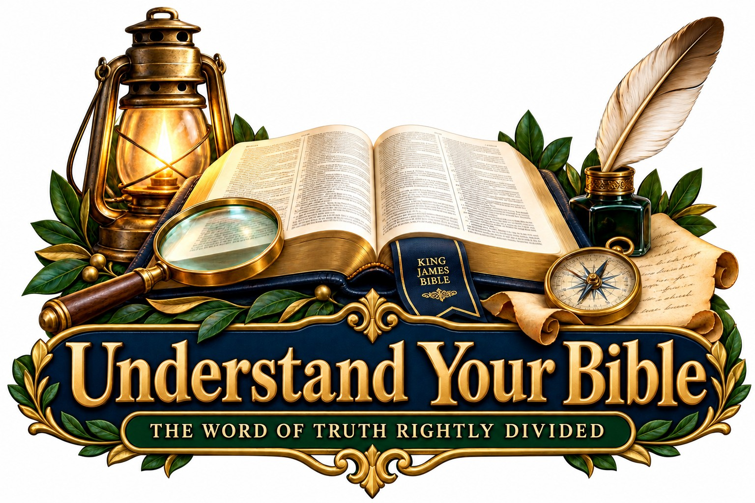 Understand Your Bible logo with an open Bible, lantern, compass, magnifying glass, and quill